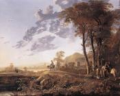 阿尔伯特 库普 : Evening landscape With Horsemen And Shepherds